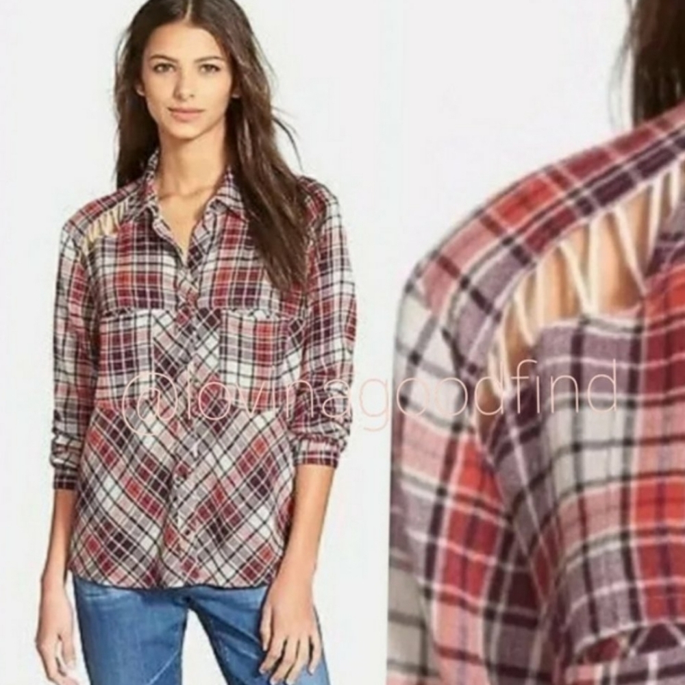 FREE PEOPLE Gauzy Plaid Lace Up Shoulder Snap Top EUC sz S